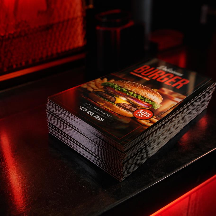 Pile de flyers burger imprimés