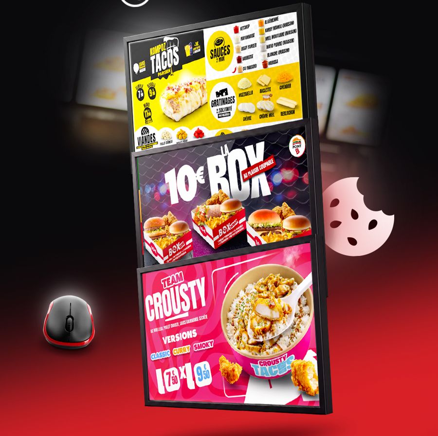 Menu boards Tacos, 10 euros box et Crousty